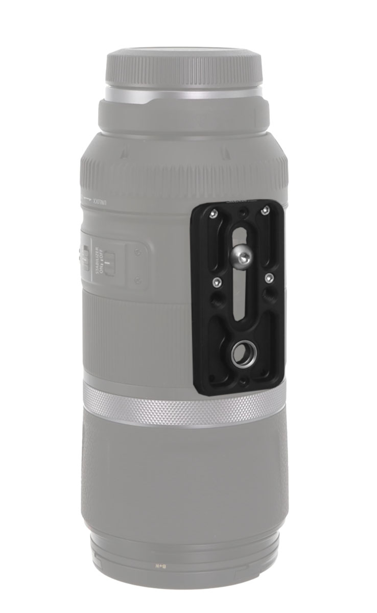 Kirk KLP-310 Universal-Objektivplatte (79 mm) mit QD-Aufnahme montiert am Canon RF 600mm f/11