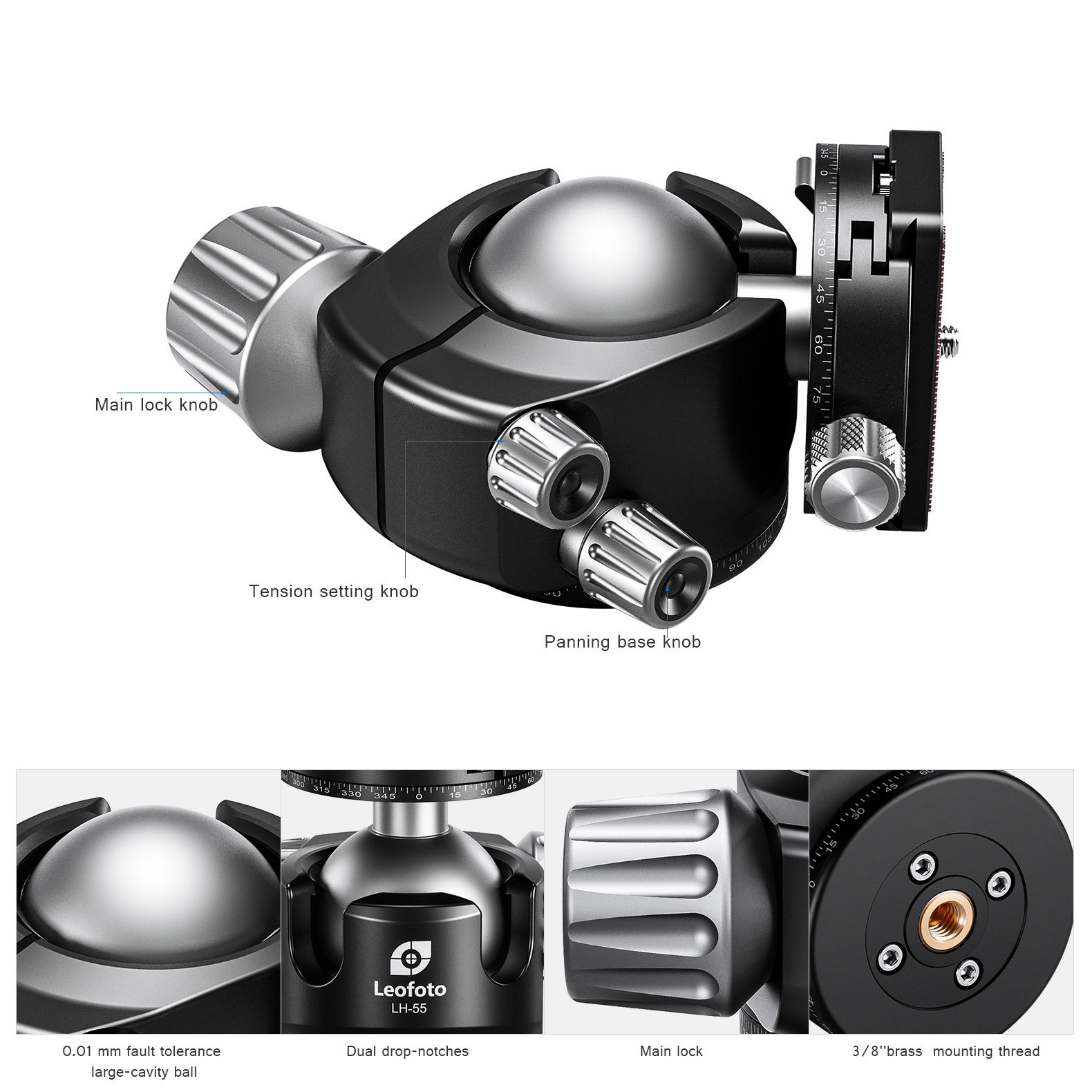 Leofoto LH-55R Kugelkopf mit Panorama-Klemme & NP-60 Kameraplatte Leofoto LH-55R Kugelkopf mit Panorama-Klemme & NP-60 Kameraplatte