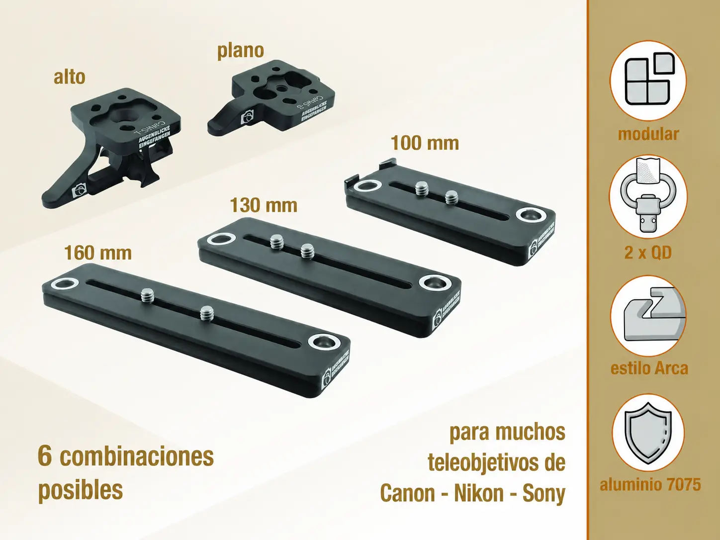 Nuestros pies de repuesto modulares para objetivos con perfil Arca y anclaje de correa QD