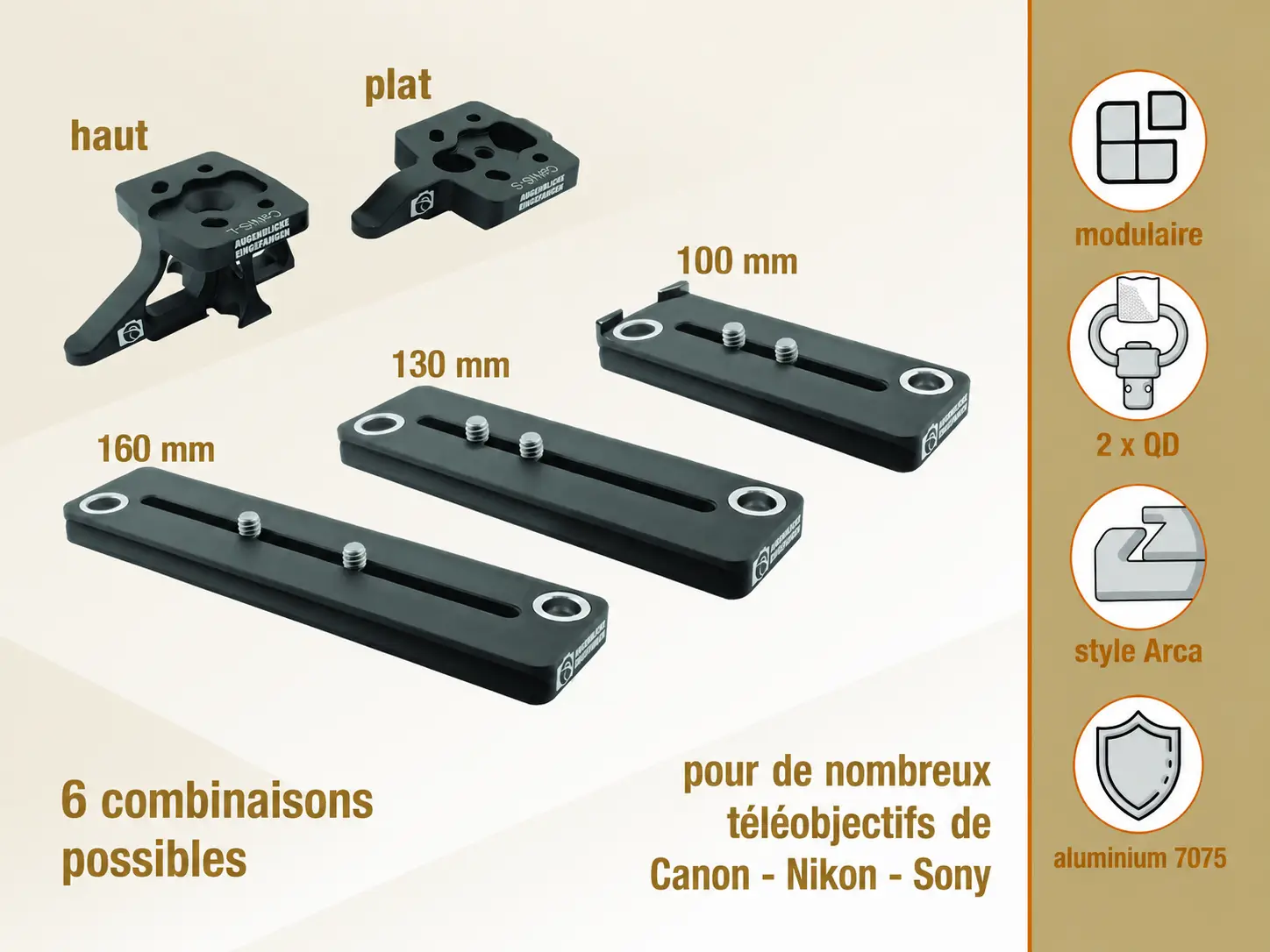 Nos pieds de remplacement modulaires pour objectifs avec profil Arca et attache de sangle QD
