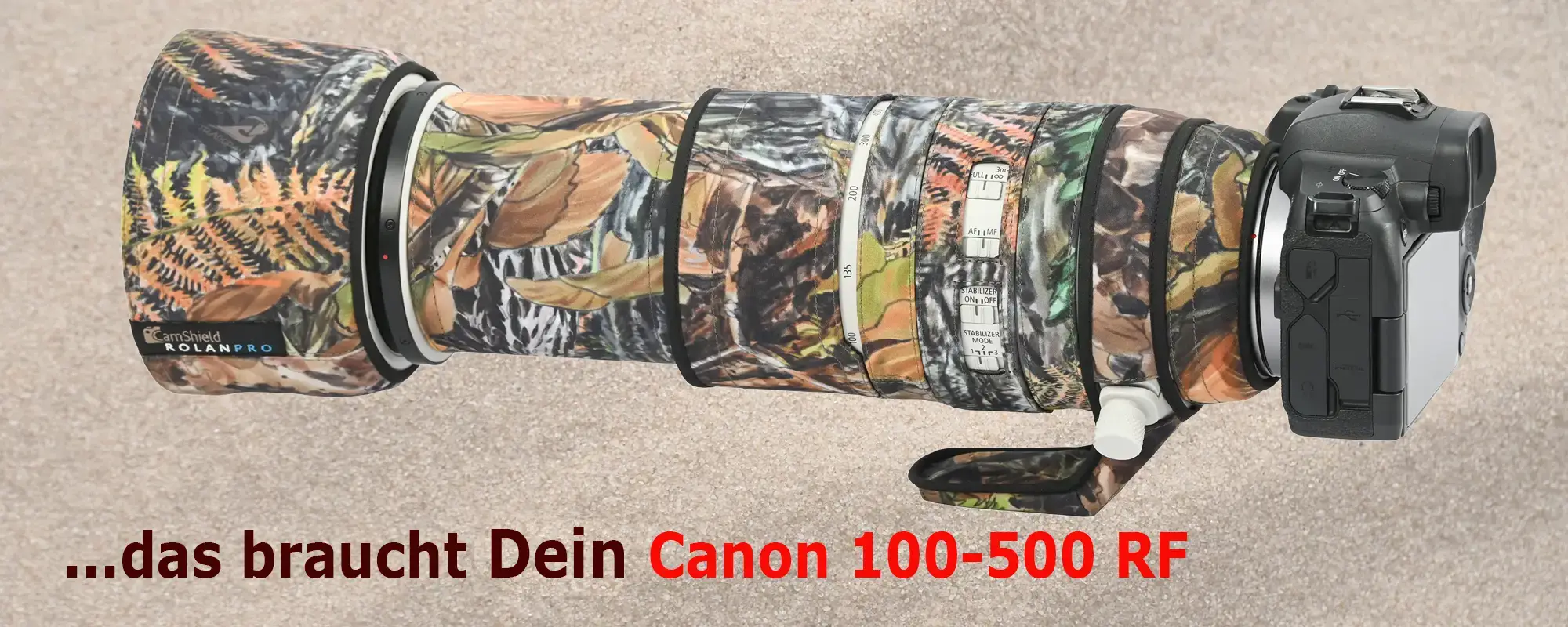 Rolanpro Objektivschutz und Tarnung für Teleobjektive, hier für Canon RF 100-500 Rolanpro Objektivschutz und Tarnung für Teleobjektive, hier für Canon RF 100-500