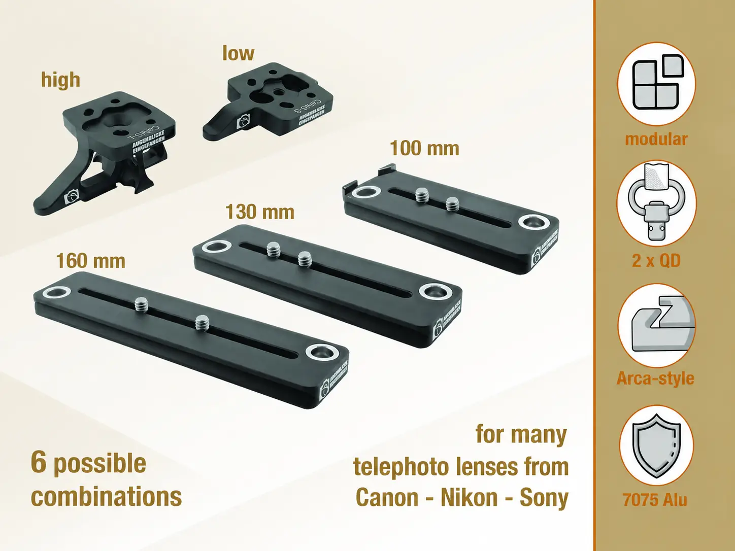 Our modular lens replacement feet with Arca profile and QD strap mount