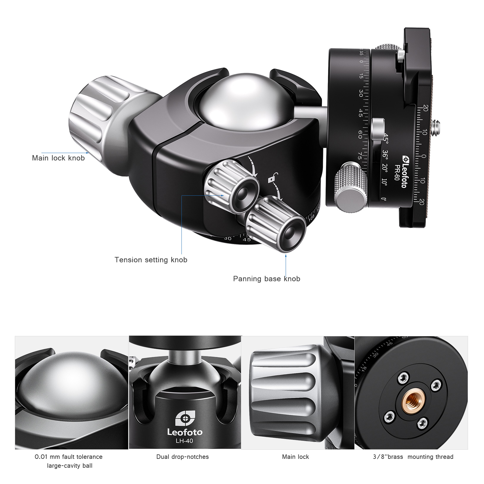 Leofoto LH-40PR Kugelkopf mit Doppelpanoramateller & Rastfunktion Leofoto LH-40PR Kugelkopf mit Doppelpanoramateller & Rastfunktion