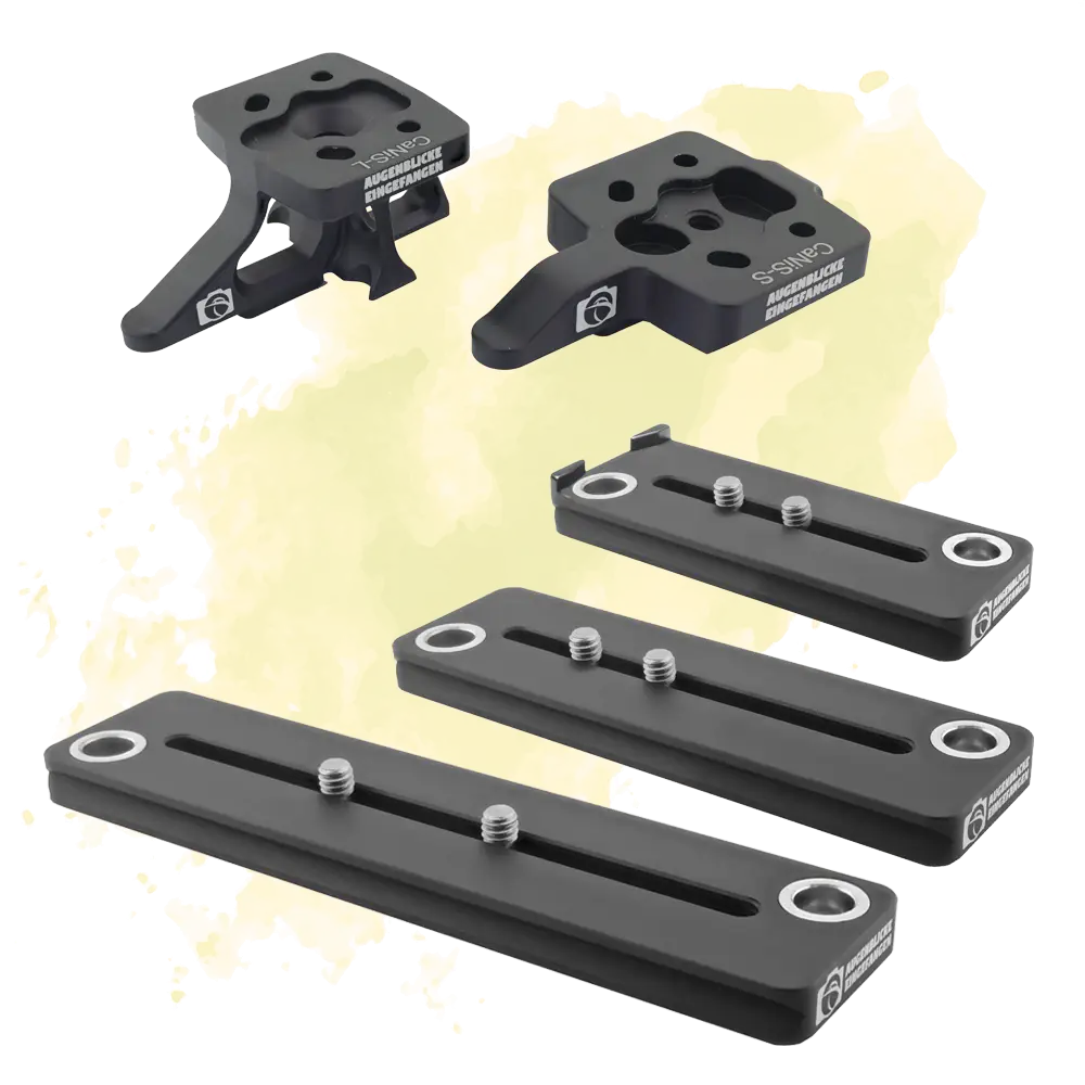 Unsere modularen Objektiv-Ersatzfüße mit Arca Profil und QD Gurtaufnahme