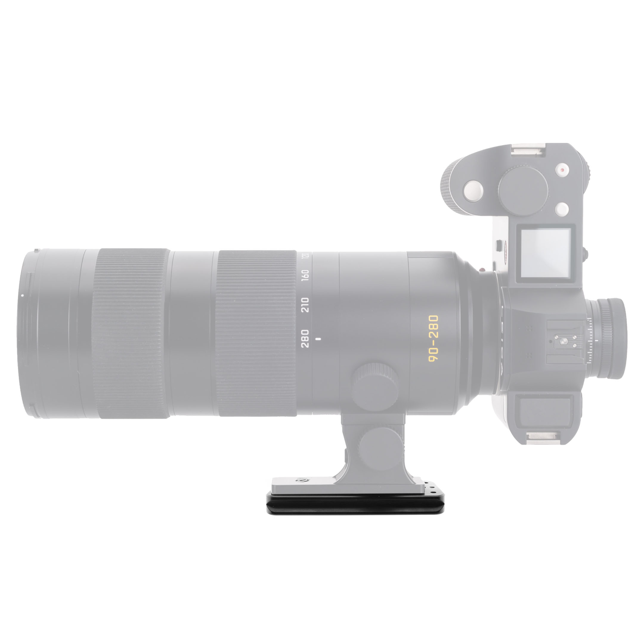 Kirk KLP-360-2NL Universal-Objektivplatte (91 mm) mit QD-Aufnahme & 2 Schrauben ....montiert am LEICA APO-VARIO-ELMARIT-SL 1:2,8-4/90-280MM