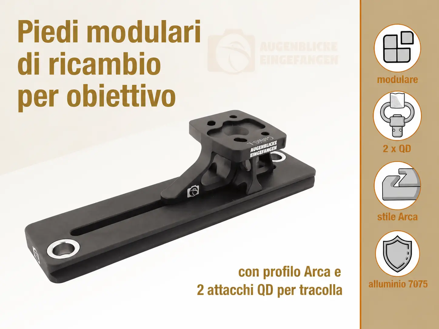 I nostri piedini sostitutivi modulari per obiettivi con profilo Arca e attacco per tracolla QD