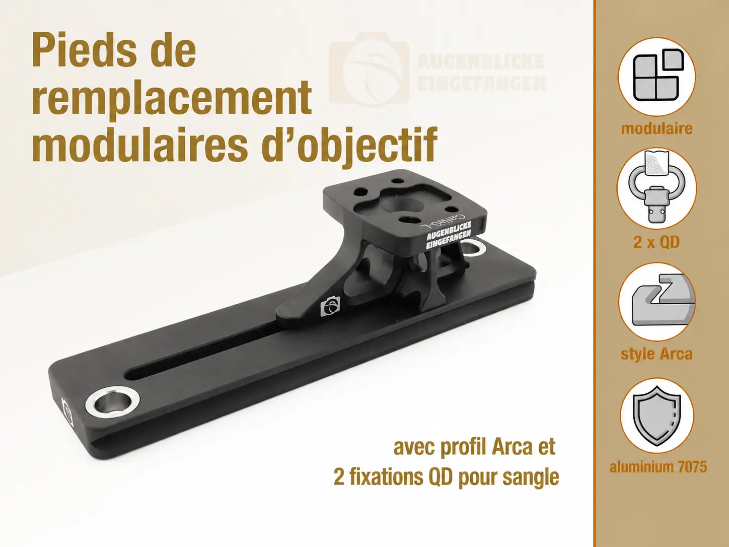 Nos pieds de remplacement modulaires pour objectifs avec profil Arca et attache de sangle QD