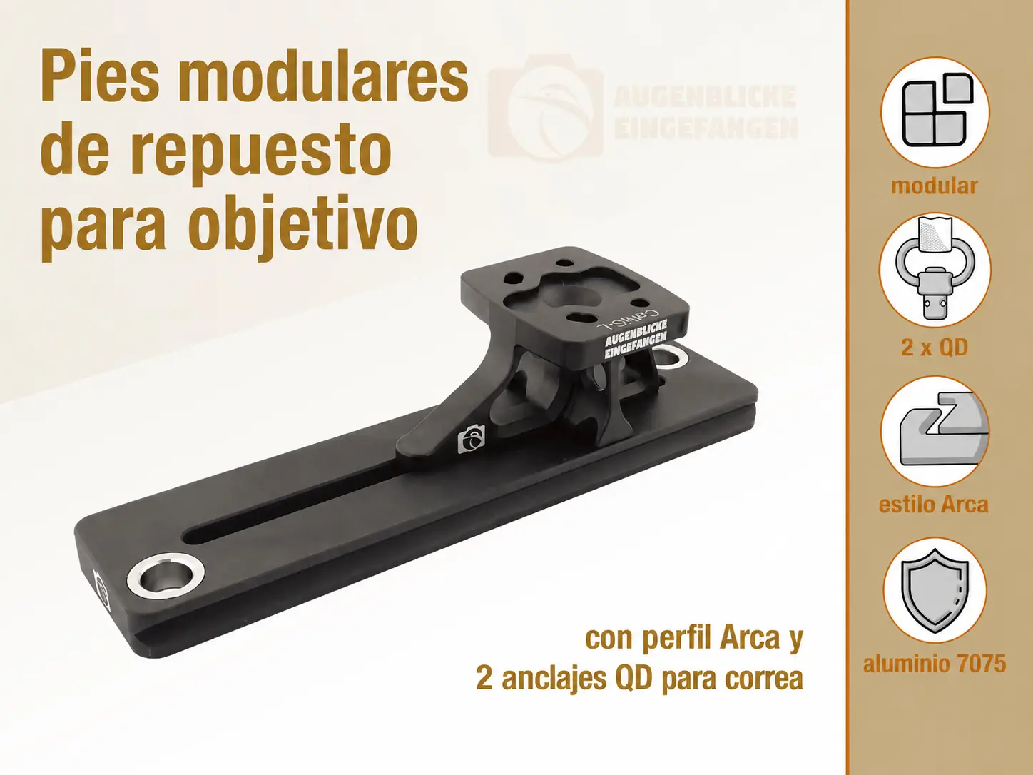Nuestros pies de repuesto modulares para objetivos con perfil Arca y anclaje de correa QD