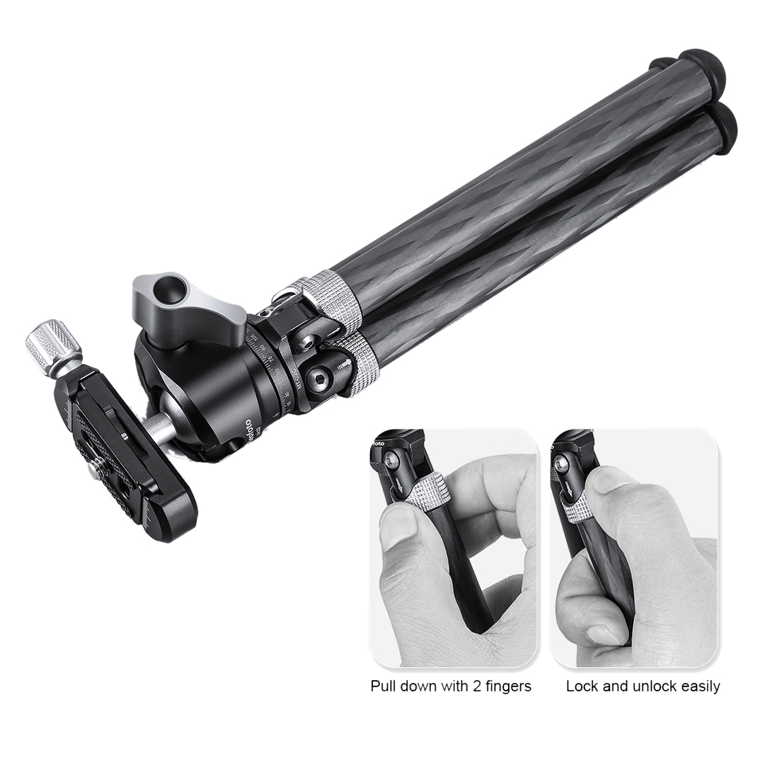 Leofoto MT-02C+LH-22 Mini-Stativ mit Kugelkopf LH-22 mit 2 Fingern nach unten ziehen, zum leichten Ver- und Entriegeln
