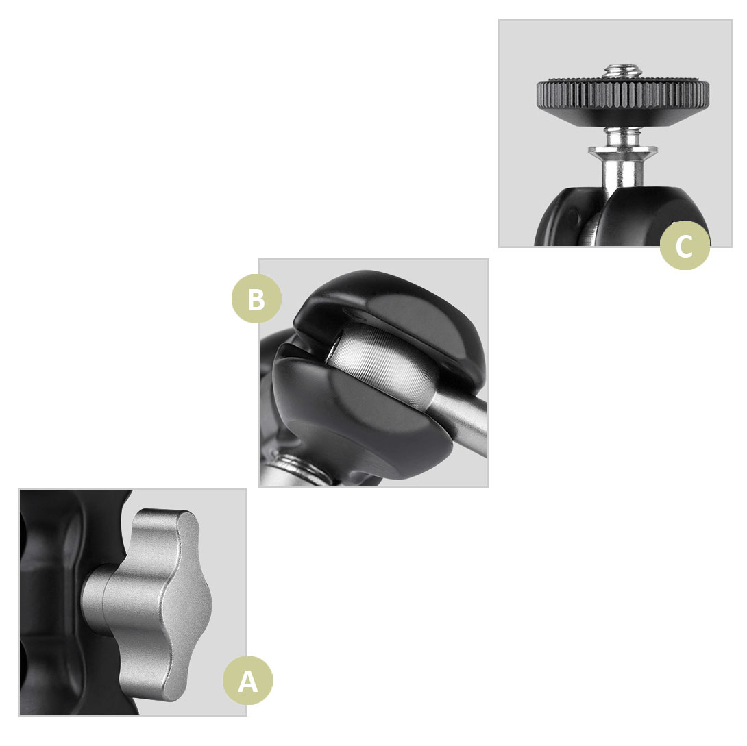 (A) Sperrhebel (B) Antirutsch-Edelstahlkugel (C) 1/4"-UNC-Edelstahlschraube