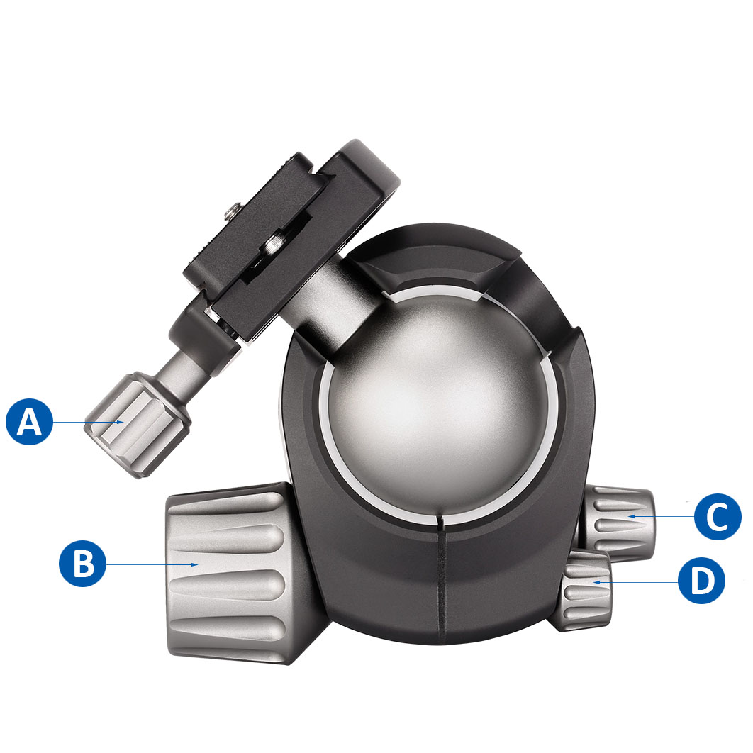 Leofoto LH-55 Kugelkopf mit QP-70 Kameraplatte A - Knurled screw for clamping, B - Main locking knob for ball, C - Panorama locking screw, D - Tension screw