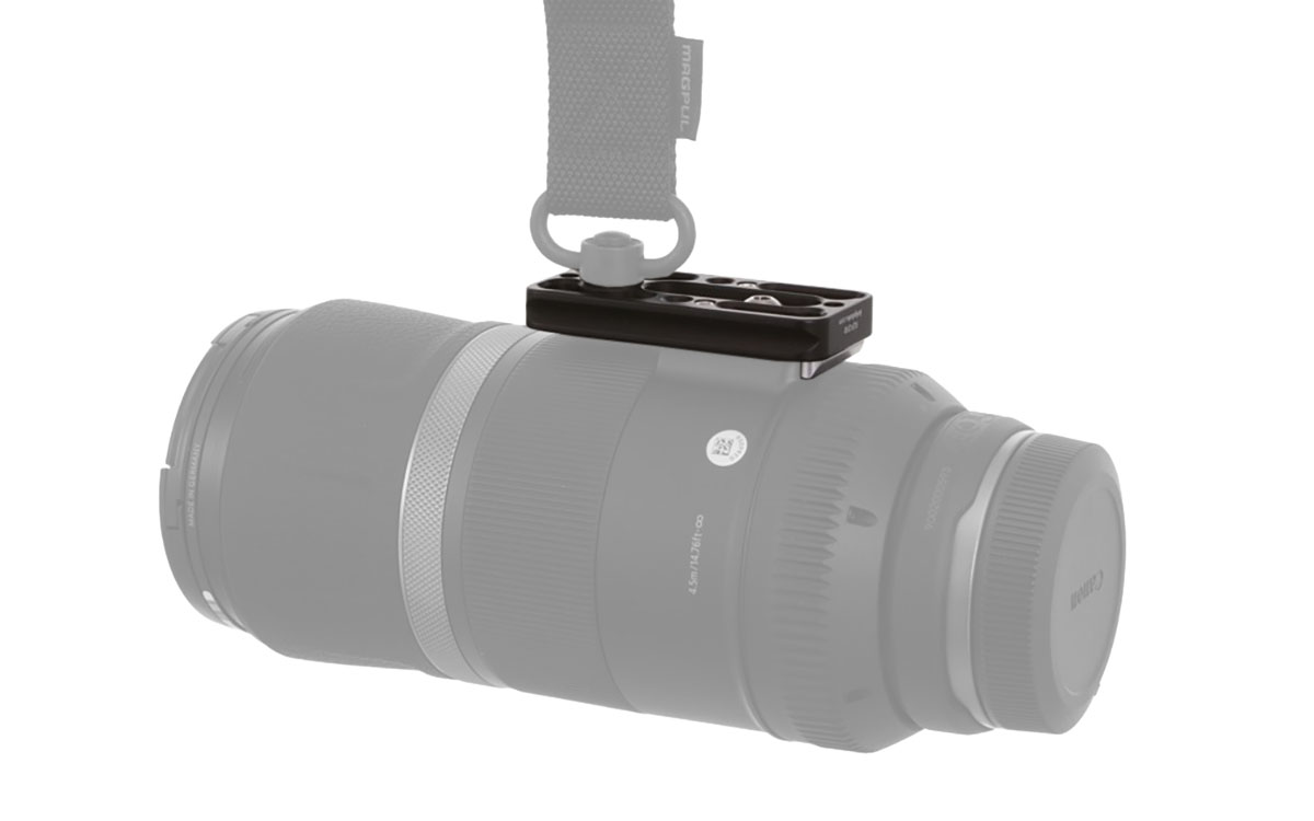 Kirk KLP-310 Universal-Objektivplatte (79 mm) mit QD-Aufnahme montiert am Canon RF 600mm f/11