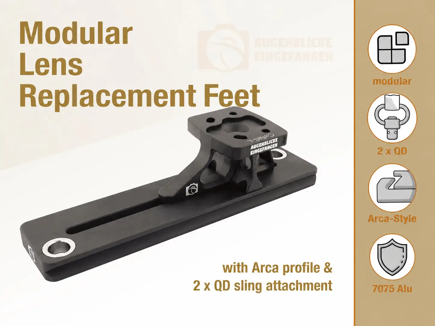 Our modular lens replacement feet with Arca profile and QD strap mount