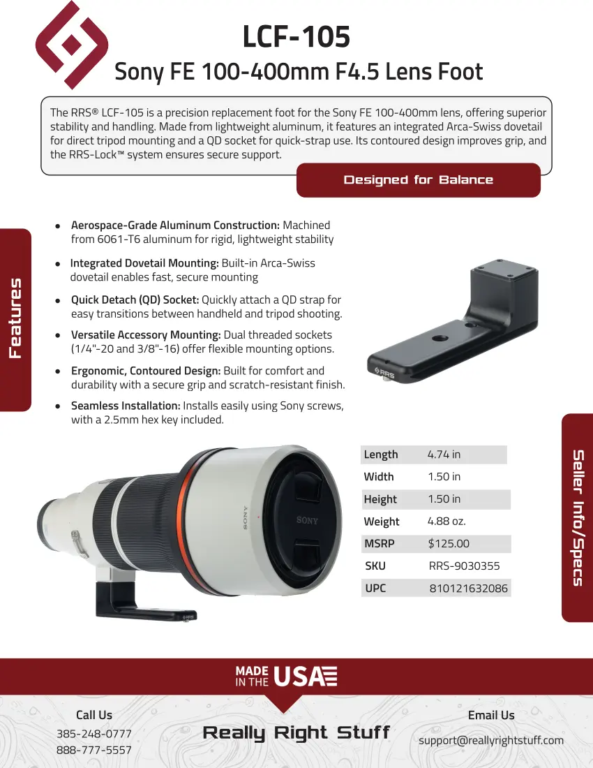 Really Right Stuff LCF-105 per SONY FE 100-400 mm F/4.5 GM OSS