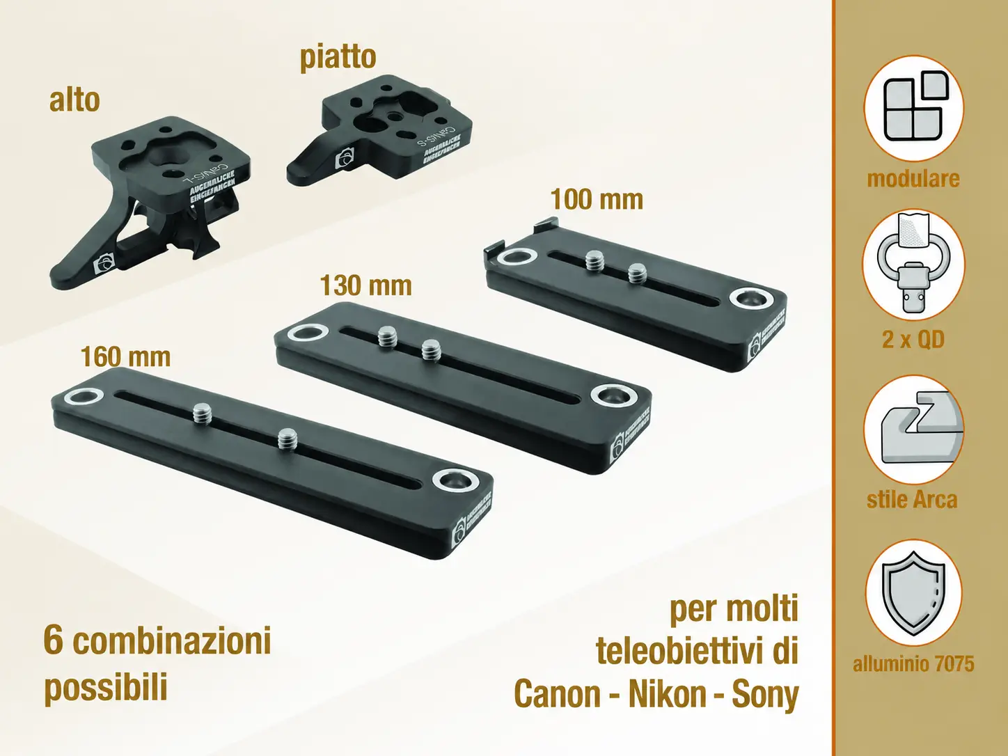 I nostri piedini sostitutivi modulari per obiettivi con profilo Arca e attacco per tracolla QD