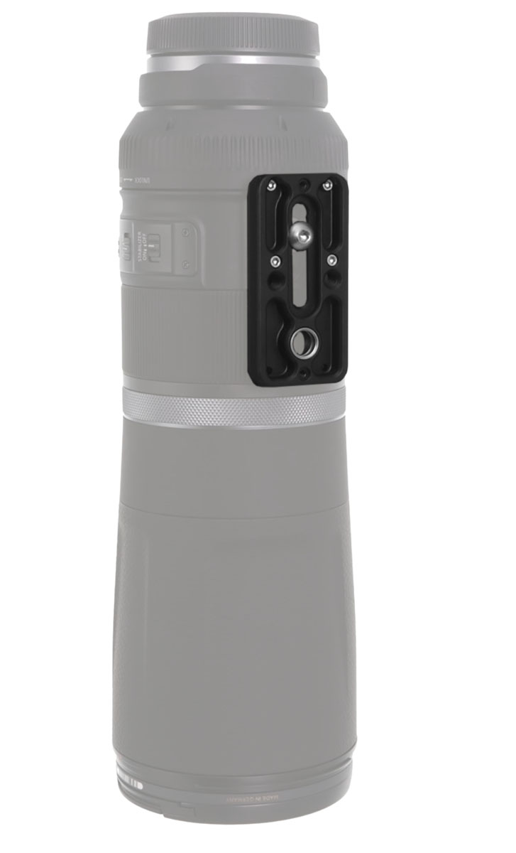 Kirk KLP-310 Universal-Objektivplatte (79 mm) mit QD-Aufnahme montiert am Canon RF 800mm f/11